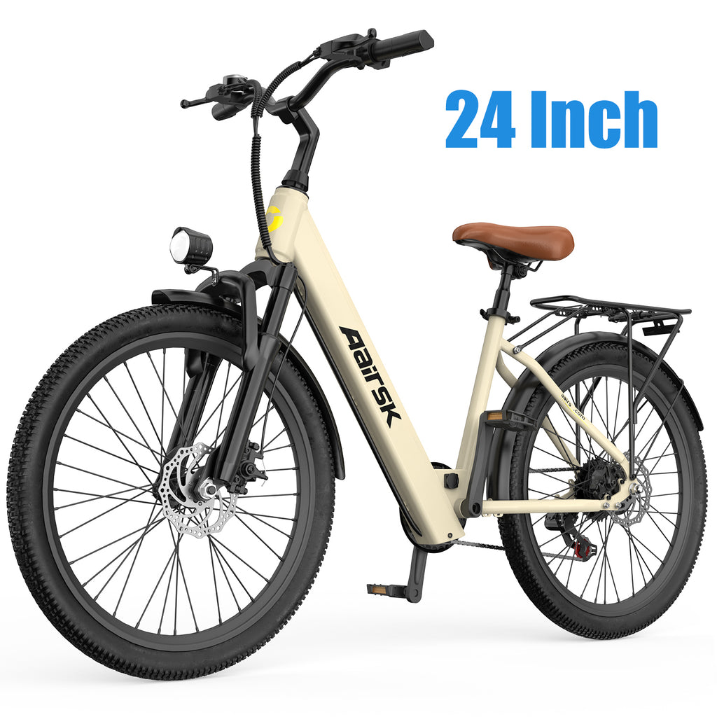 Aairsk SU7 Step-Thru 24" Electric City Bike for Adults, 430W(Peak) Motor, 36V 13Ah Battery, Shimano 7-Speed, LCD Display with Card Access, Rear Rack, Corlor Khaki