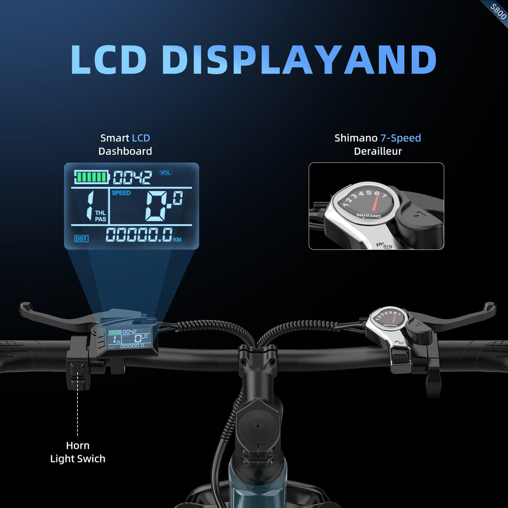 Aairsk S800 26" Electric Bike, 430W(Peak) Motor, 36V 13Ah Removable Battery, Shimano 7-Speed, LCD Display with Card Access, Rear Rack, Color Blue