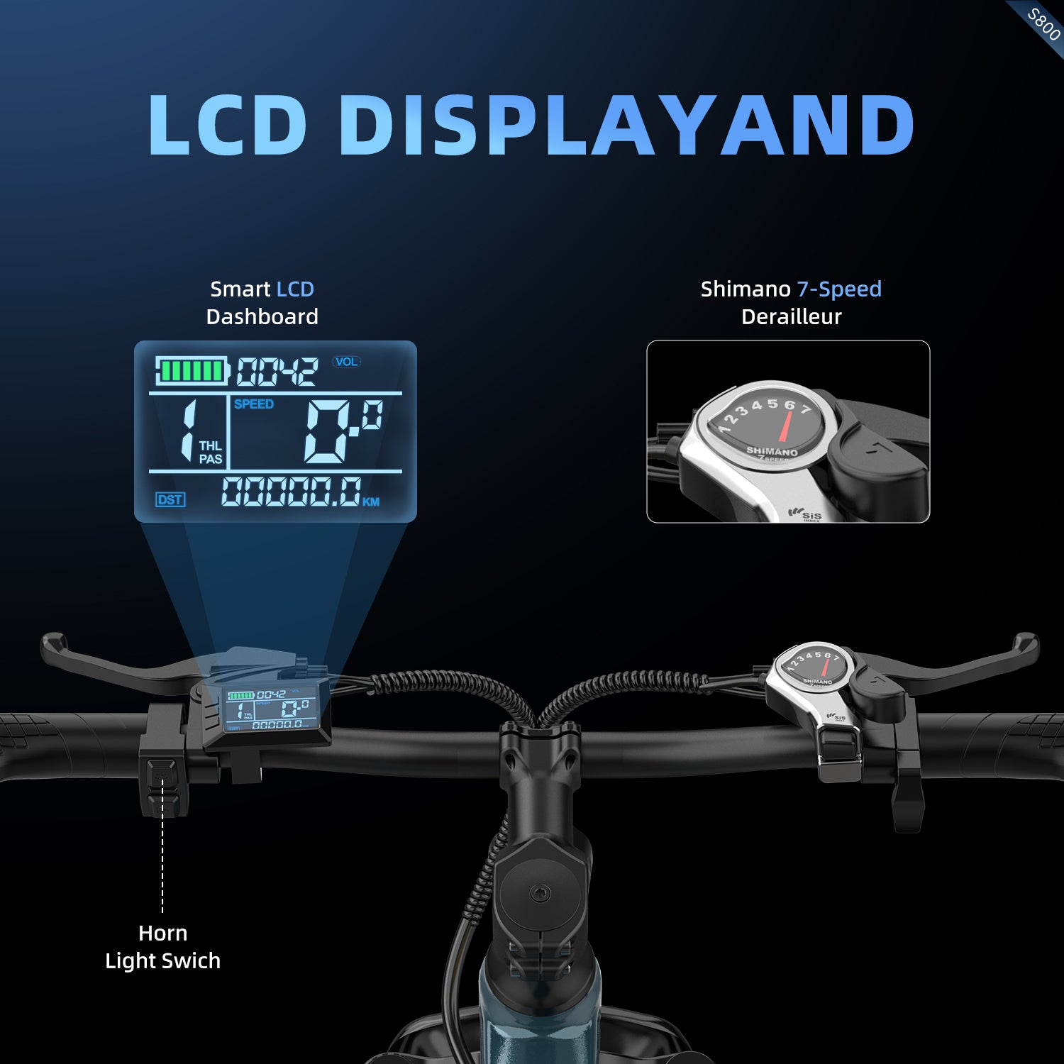 Aairsk S800 26" Electric Bike, 430W(Peak) Motor, 36V 13Ah Removable Battery, Shimano 7-Speed, LCD Display with Card Access, Rear Rack, Color Blue