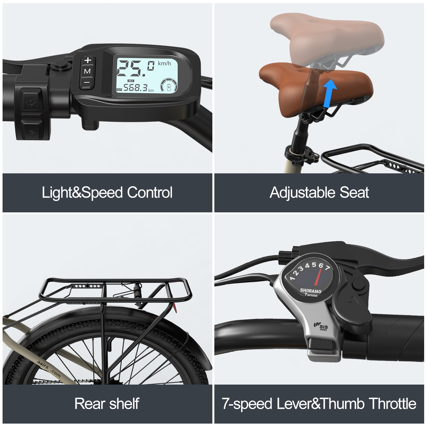 Aairsk SU7 Step-Thru 24" Electric City Bike for Adults, 430W(Peak) Motor, 36V 13Ah Battery, Shimano 7-Speed, LCD Display with Card Access, Rear Rack, Corlor Khaki