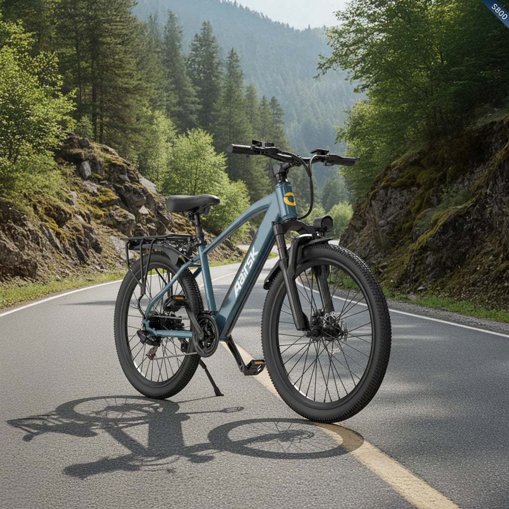 Aairsk S800 26" Electric Bike, 430W(Peak) Motor, 36V 13Ah Removable Battery, Shimano 7-Speed, LCD Display with Card Access, Rear Rack, Color Blue