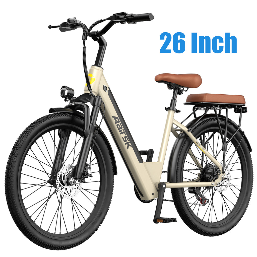 Aairsk S600 Step-Thru 26" Electric City Bike for Adults, 430W(Peak) Motor, 36V 13Ah Battery, Shimano 7-Speed, LCD Display with Card Access, Rear Rack and seat, Color Khaki