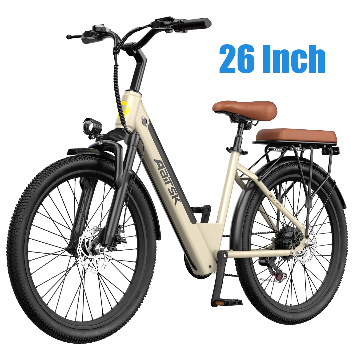 Aairsk S600 Step-Thru 26" Electric City Bike for Adults, 430W(Peak) Motor, 36V 13Ah Battery, Shimano 7-Speed, LCD Display with Card Access, Rear Rack and seat, Corlor Khaki