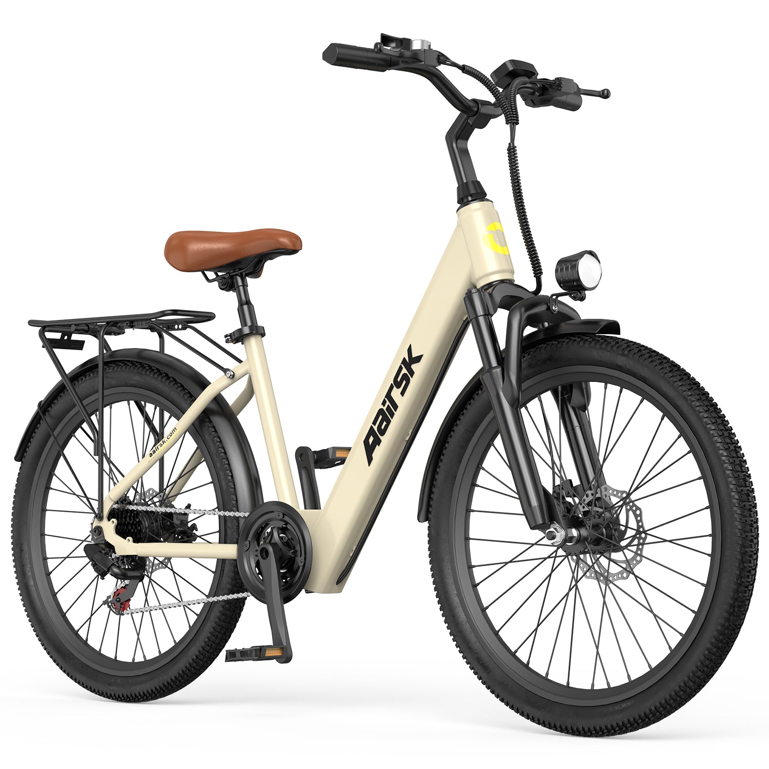 Aairsk SU7 Step-Thru 24" Electric City Bike for Adults, 430W(Peak) Motor, 36V 13Ah Battery, Shimano 7-Speed, LCD Display with Card Access, Rear Rack, Corlor Khaki