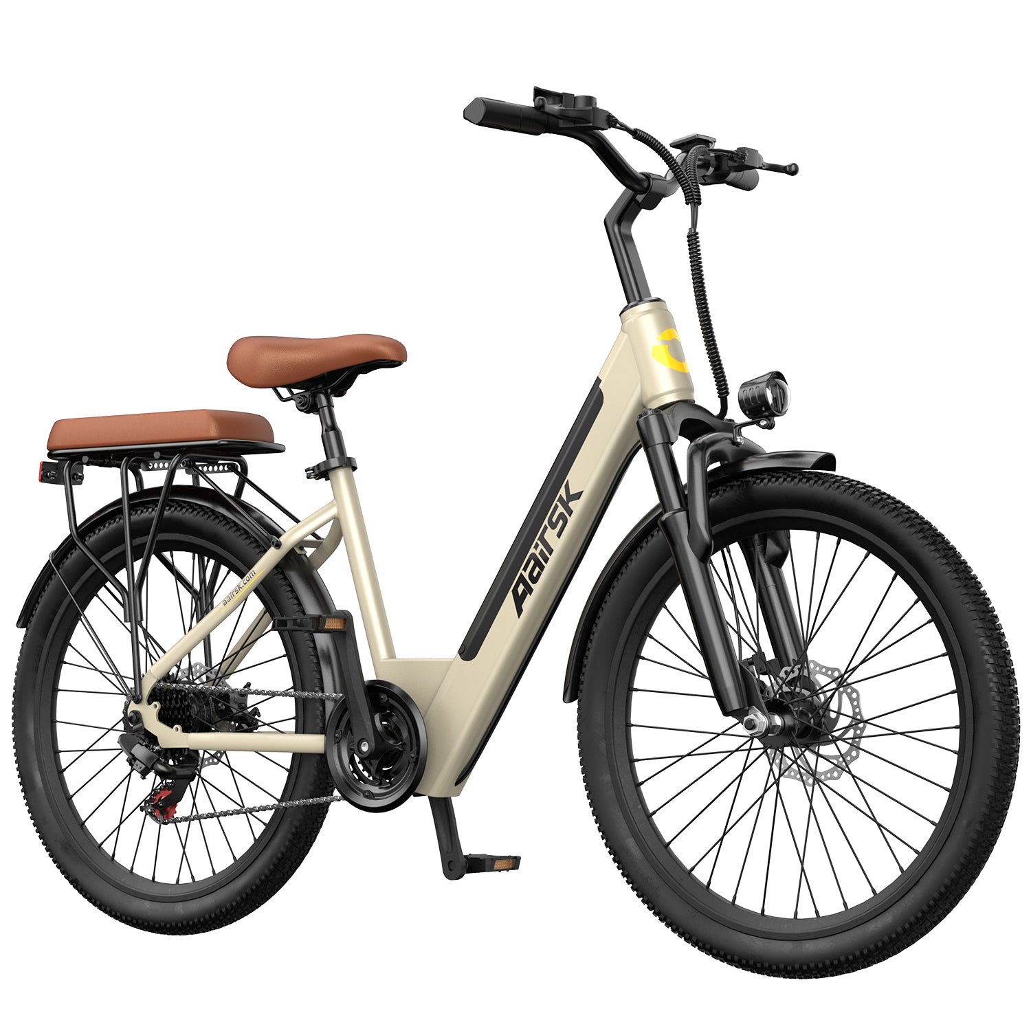 Aairsk S600 Step-Thru 26" Electric City Bike for Adults, 430W(Peak) Motor, 36V 13Ah Battery, Shimano 7-Speed, LCD Display with Card Access, Rear Rack and seat, Corlor Khaki