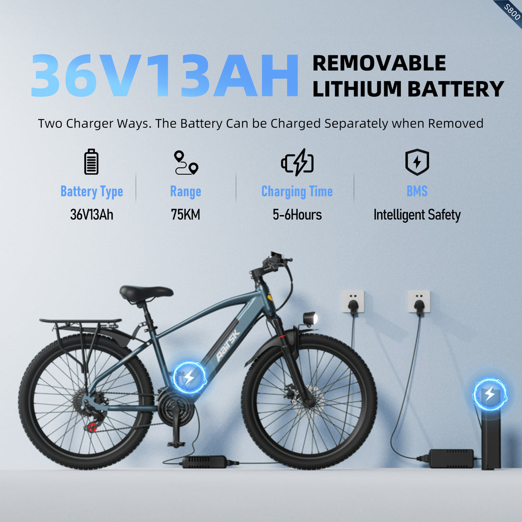 Aairsk S800 26" Electric Bike, 430W(Peak) Motor, 36V 13Ah Removable Battery, Shimano 7-Speed, LCD Display with Card Access, Rear Rack, Color Blue