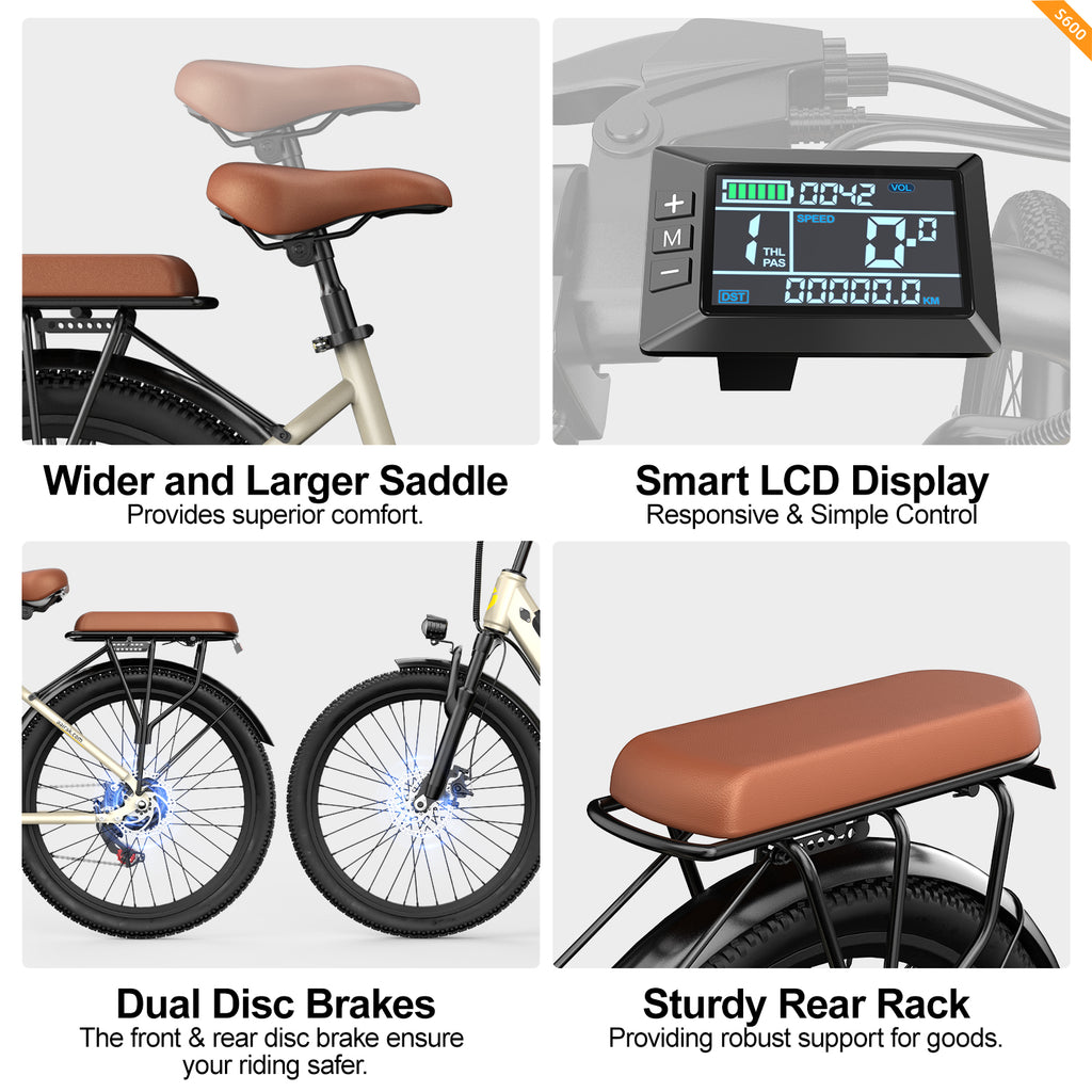 Aairsk S600 Step-Thru 26" Electric City Bike for Adults, 430W(Peak) Motor, 36V 13Ah Battery, Shimano 7-Speed, LCD Display with Card Access, Rear Rack and seat, Color Khaki