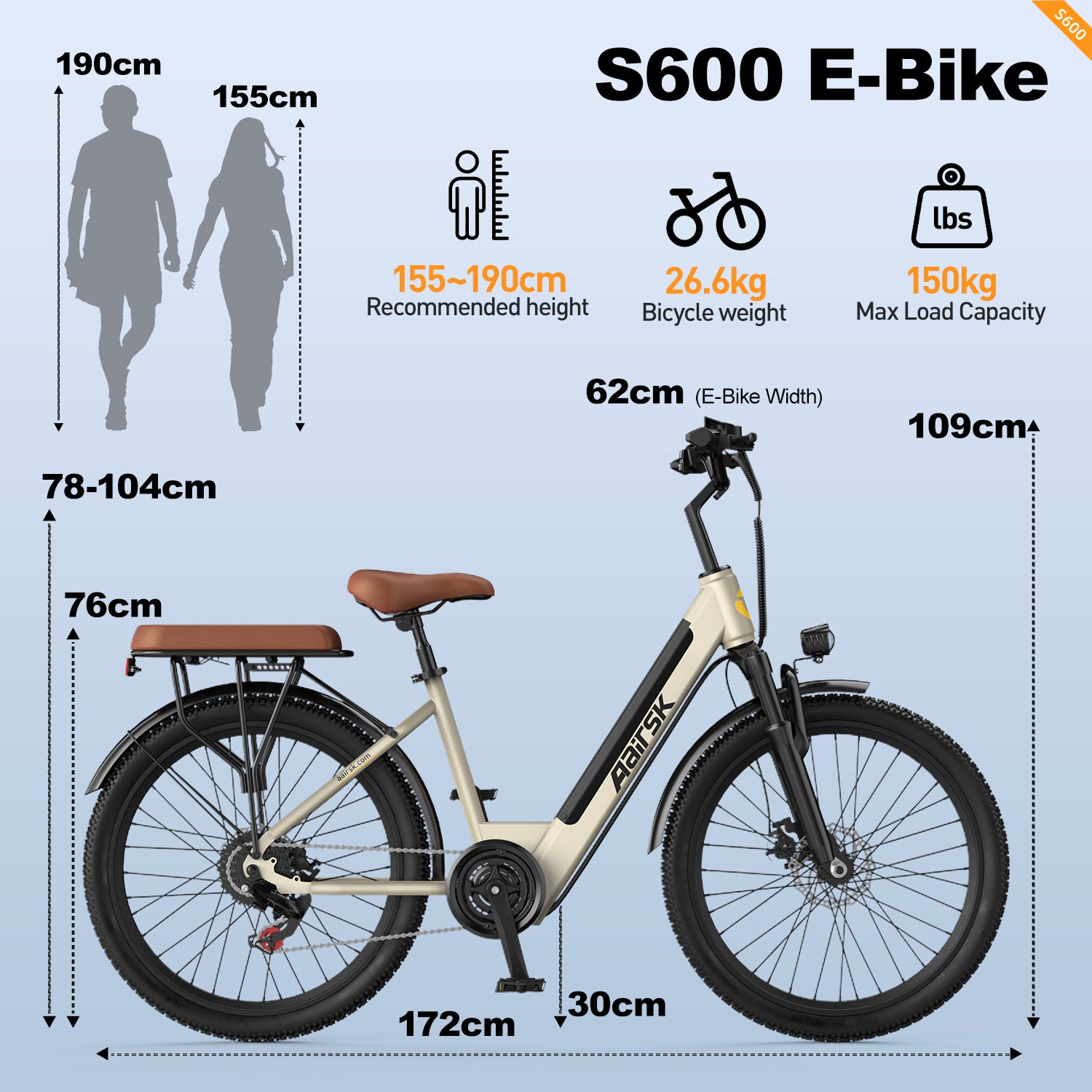 Aairsk S600 Step-Thru 26" Electric City Bike for Adults, 430W(Peak) Motor, 36V 13Ah Battery, Shimano 7-Speed, LCD Display with Card Access, Rear Rack and seat, Color Khaki