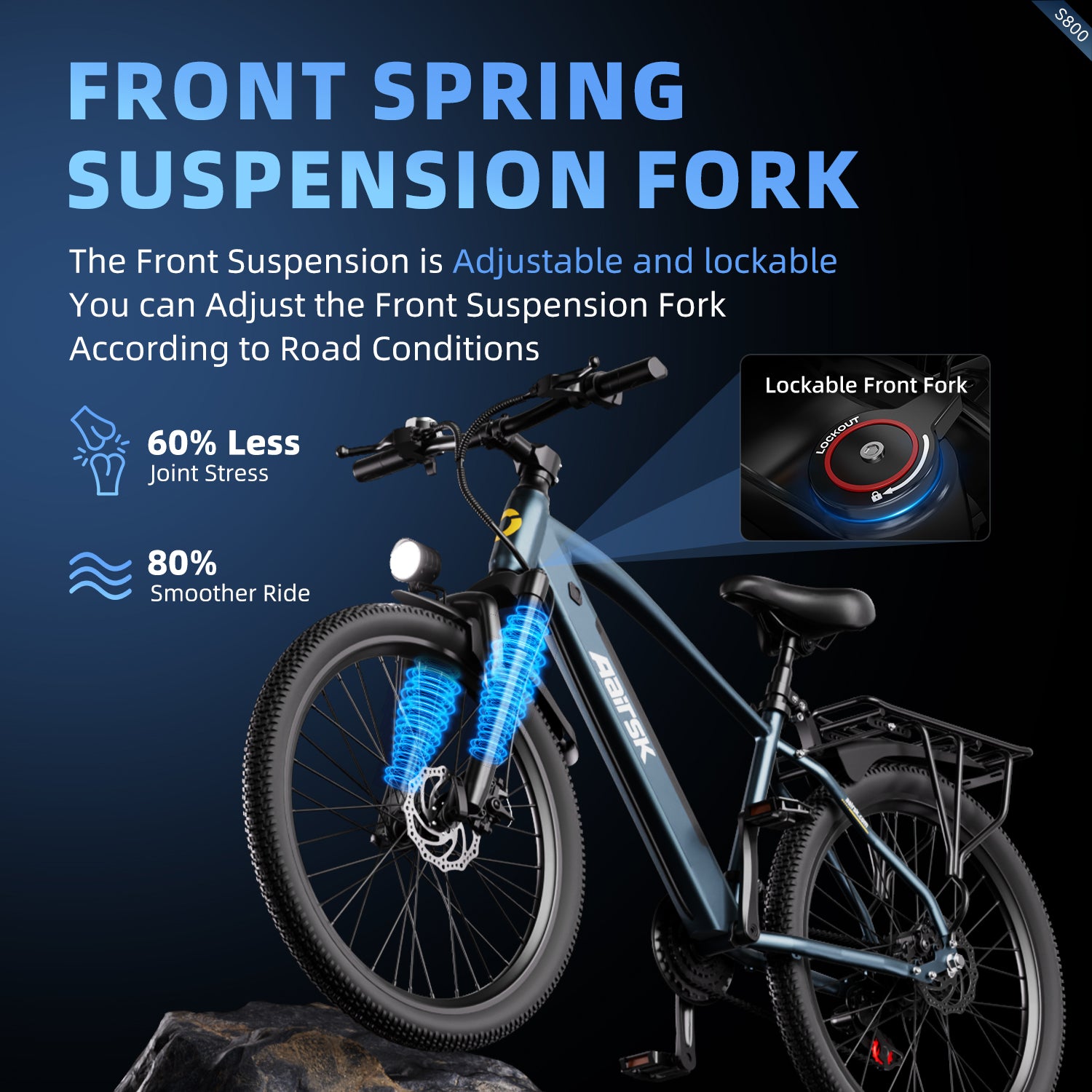Aairsk S800 26" Electric Bike, 430W(Peak) Motor, 36V 13Ah Removable Battery, Shimano 7-Speed, LCD Display with Card Access, Rear Rack, Color Blue