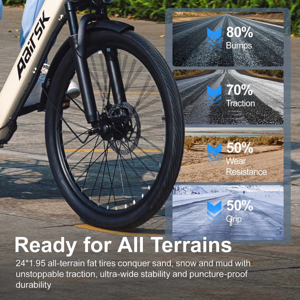 Aairsk SU7 Step-Thru 24" Electric City Bike for Adults, 430W(Peak) Motor, 36V 13Ah Battery, Shimano 7-Speed, LCD Display with Card Access, Rear Rack, Corlor Khaki