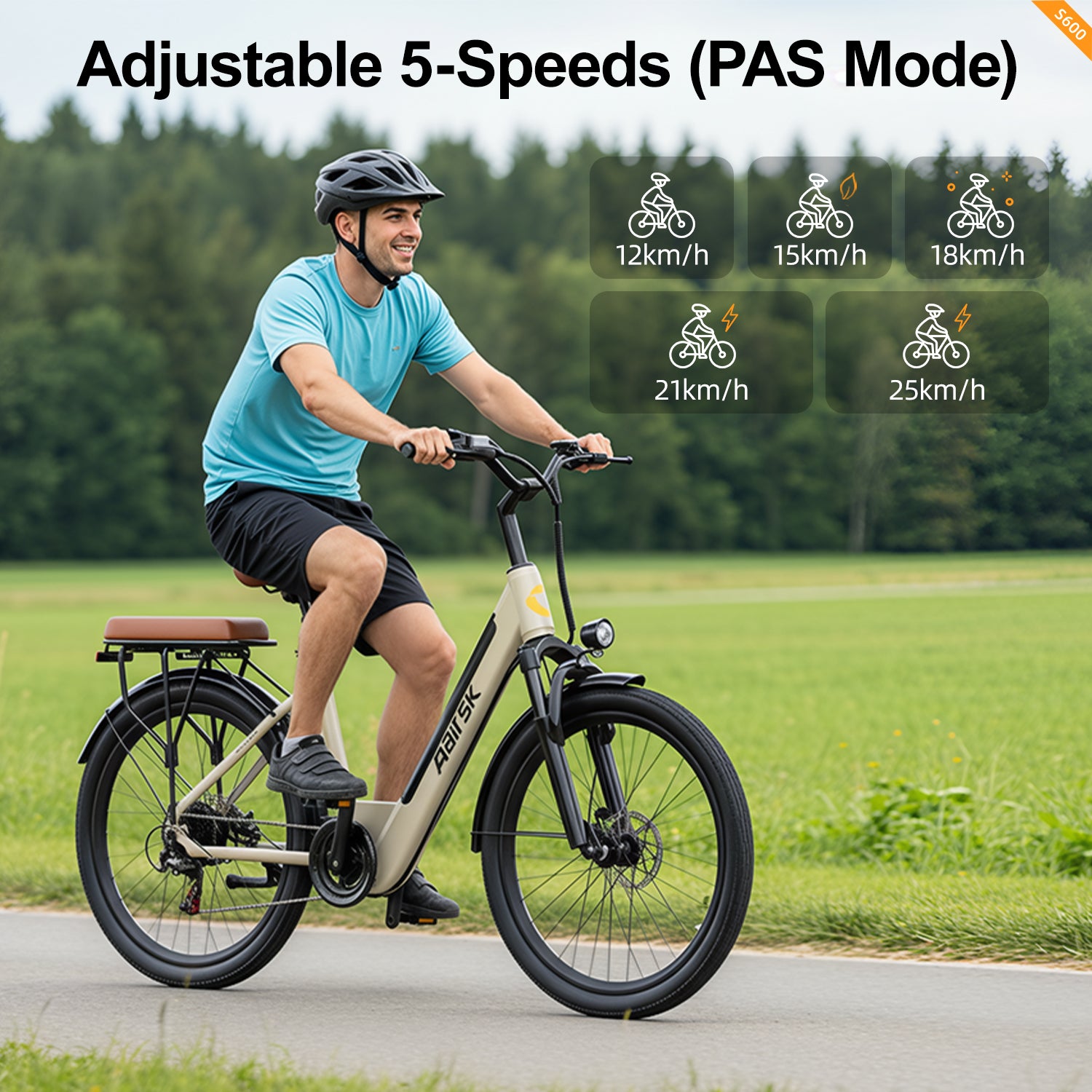 Aairsk S600 Step-Thru 26" Electric City Bike for Adults, 430W(Peak) Motor, 36V 13Ah Battery, Shimano 7-Speed, LCD Display with Card Access, Rear Rack and seat, Color Khaki
