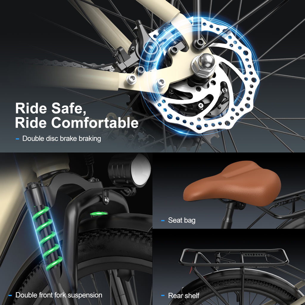 Aairsk SU7 Step-Thru 24" Electric City Bike for Adults, 430W(Peak) Motor, 36V 13Ah Battery, Shimano 7-Speed, LCD Display with Card Access, Rear Rack, Corlor Khaki