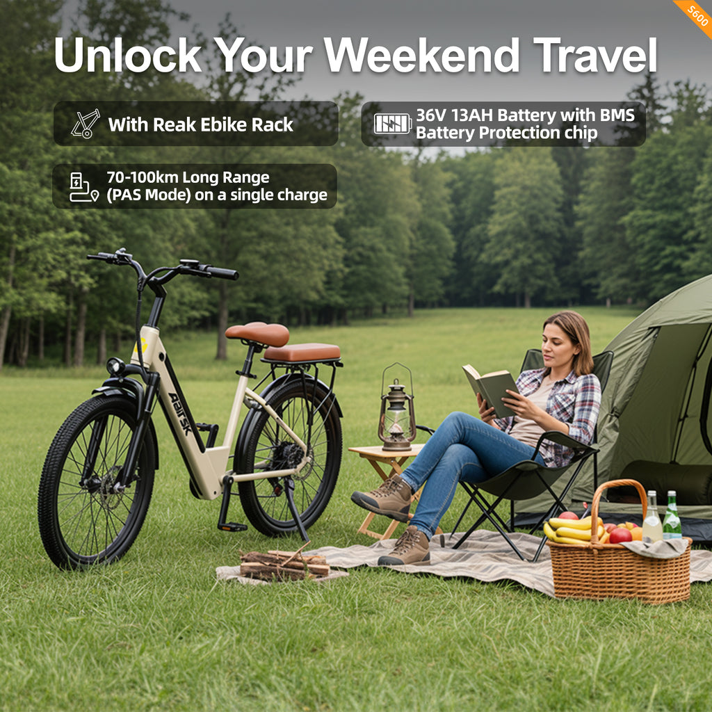 Aairsk S600 Step-Thru 26" Electric City Bike for Adults, 430W(Peak) Motor, 36V 13Ah Battery, Shimano 7-Speed, LCD Display with Card Access, Rear Rack and seat, Color Khaki