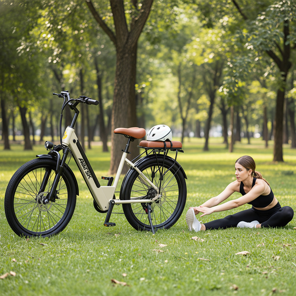 Aairsk S600 Step-Thru 26" Electric City Bike for Adults, 430W(Peak) Motor, 36V 13Ah Battery, Shimano 7-Speed, LCD Display with Card Access, Rear Rack and seat, Color Khaki