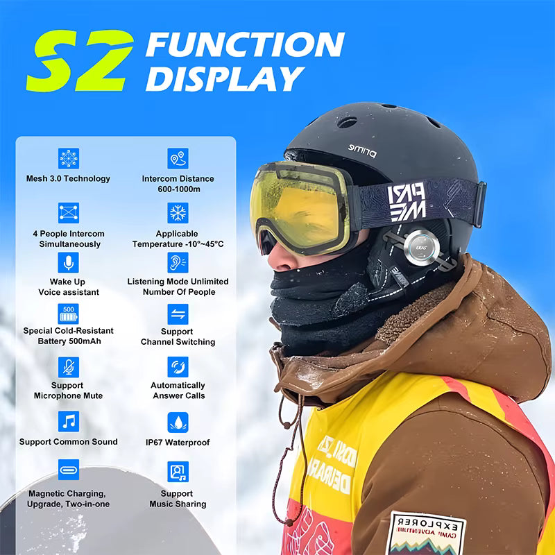 EJEAS S2 Waterproof Ski IntercomHeadset Wireless Mesh Group Walkie Talkie Microphone Backcountry Skiing