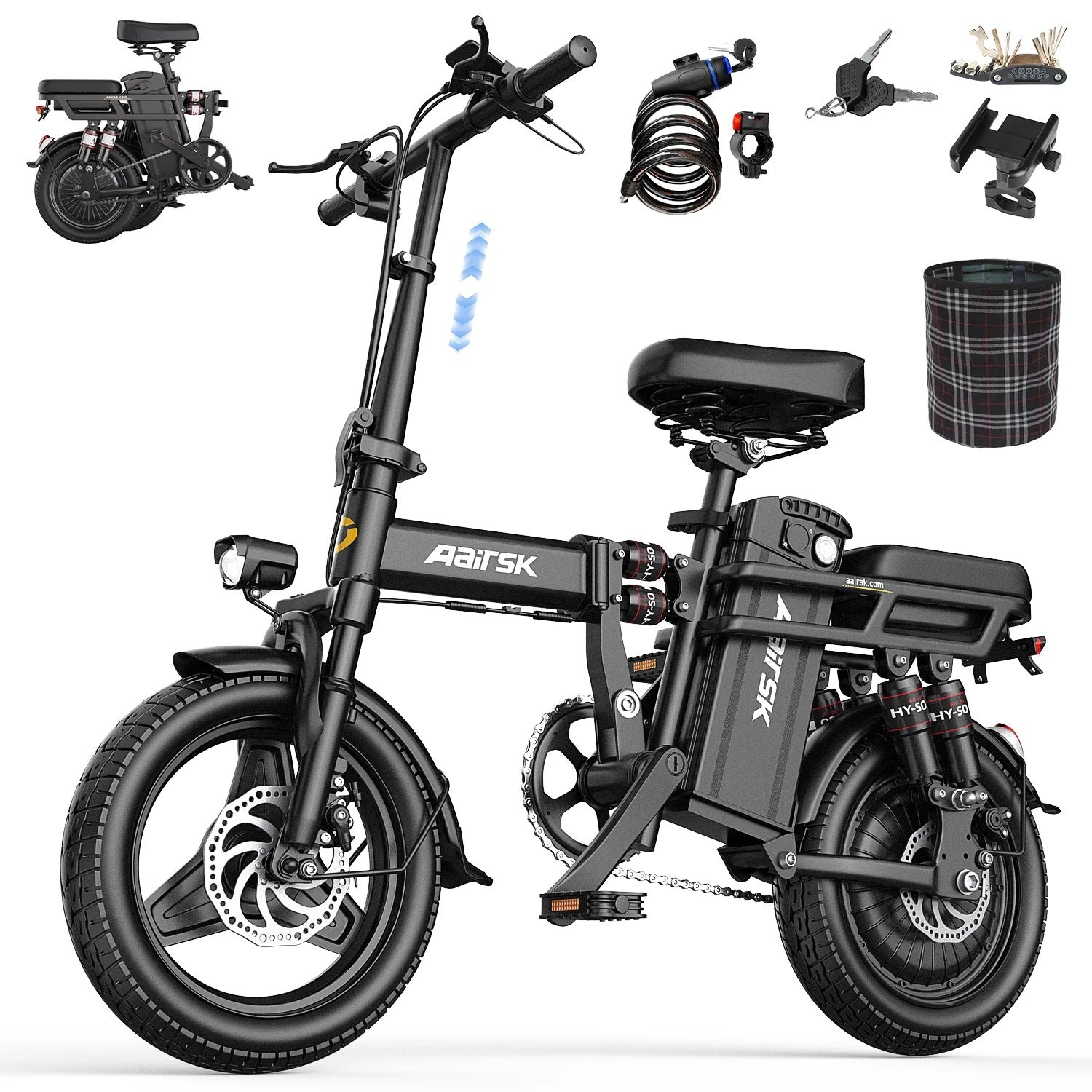 Aairsk RS5 Folding Electric Bike for Adults, 14" E-Bike, 748W Peak Motor, 48V15Ah Battery, 22 MPH, 40 Miles Range, UL 2849 Certified