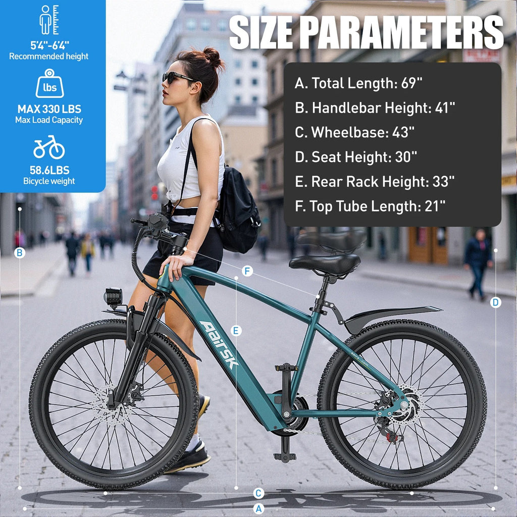 Aairsk GT300 26 inch Electric Bike, 430W(Peak) Motor, 36V 10AH Battery, Front Suspension, 7-Speed Shimano