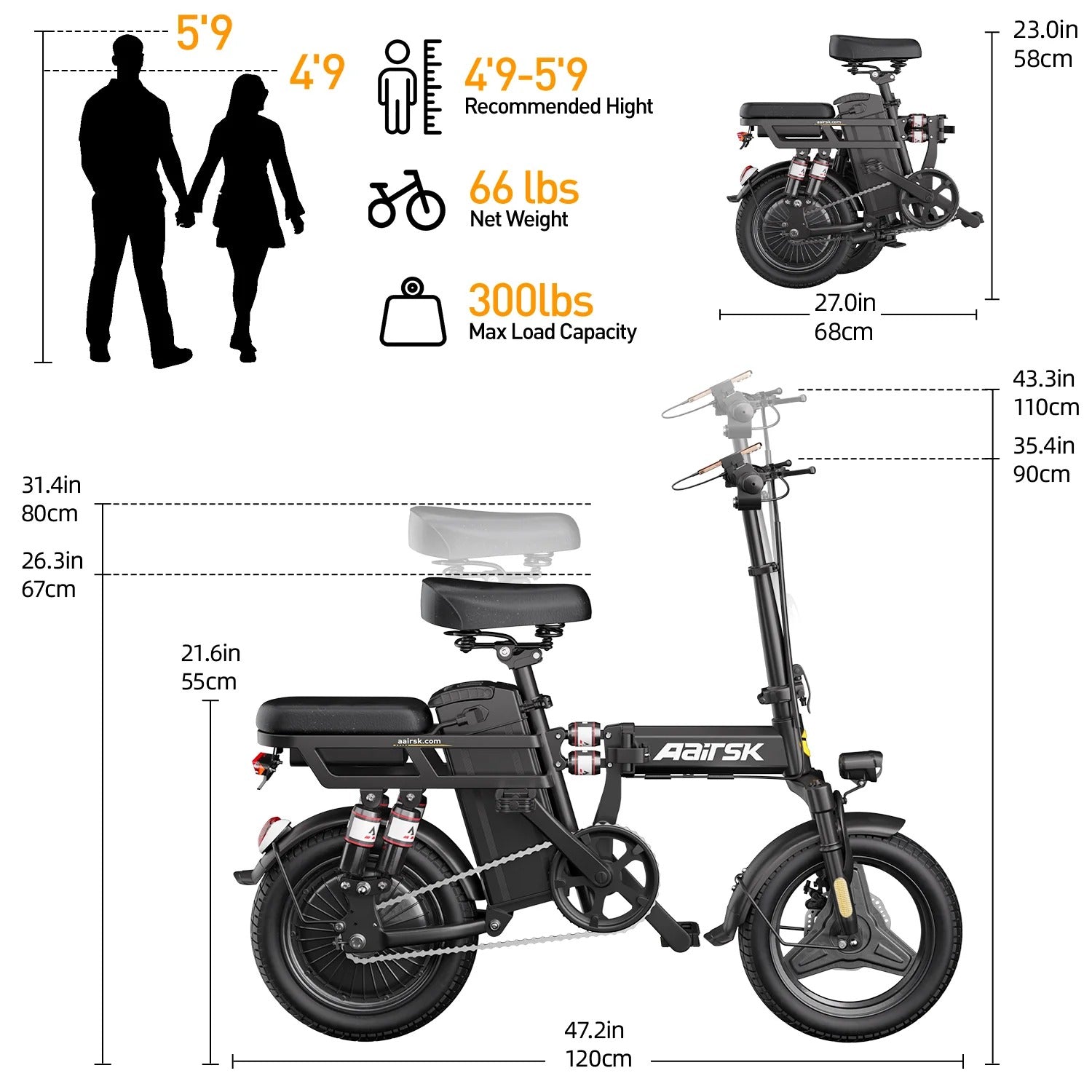 Aairsk RS5 Folding Electric Bike for Adults, 14" E-Bike, 748W Peak Motor, 48V15Ah Battery, 22 MPH, 40 Miles Range, UL 2849 Certified