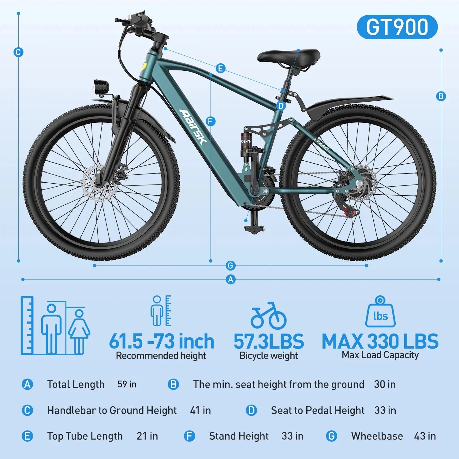 Aairsk GT900 24 inch Electric Bike, 430W(Peak) Motor, 36V 13AH Battery, Dual Suspension, Ideal for City and Trail Rides, Black