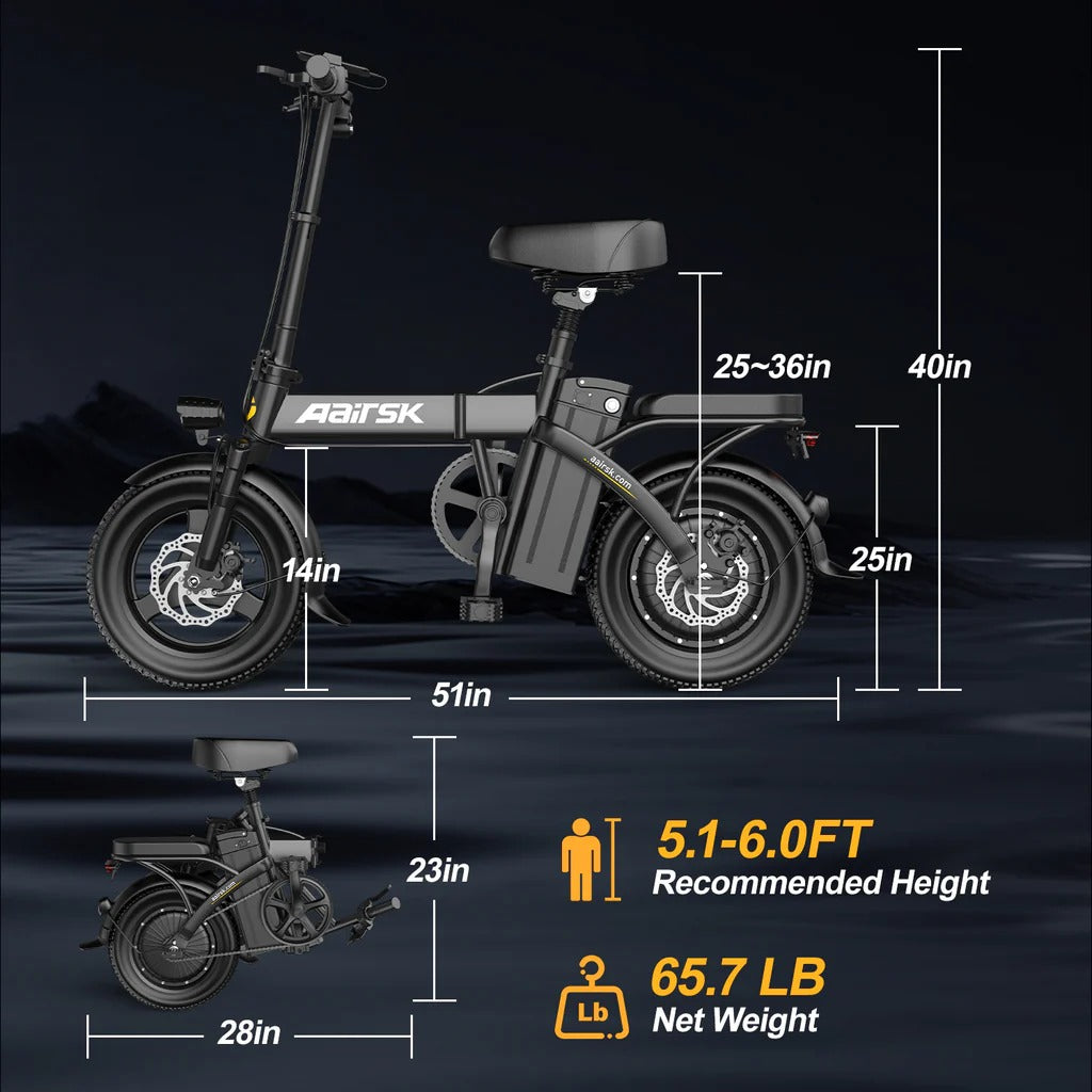 Aairsk F6 PRO 14" Folding Electric Bike for Adults, 500W Motor with 48V 15Ah Battery, Up to 20MPH, Dual Disc Brakes, Shock Absorption, LCD Display, Portable Commuter E-Bike